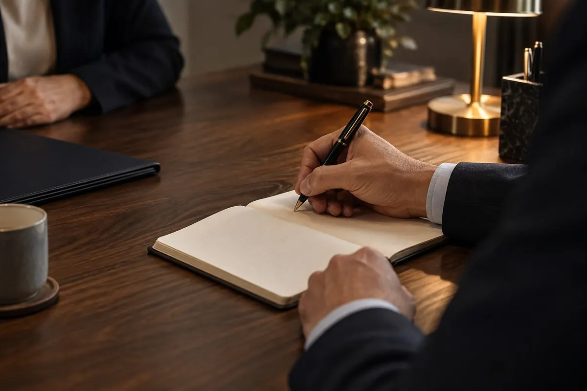 A person noting terms in an open notebook at a wooden table, another seated opposite — what makes an agreement legally binding