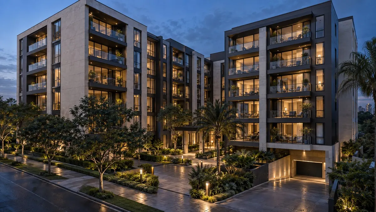A modern apartment building at dusk, its balconies lit and palms along the entrance — property and conveyancing