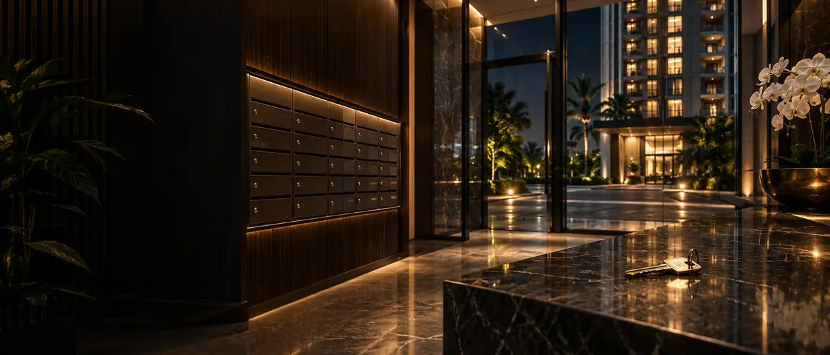 A set of keys on the counter of a lit apartment lobby, orchids beside them — stamp duty on buying a home