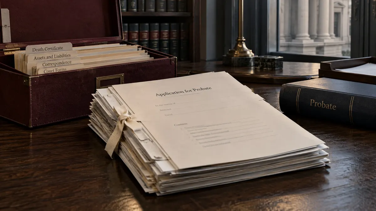 Papers tied with ribbon under a sheet headed Application for Probate, a deed box of files behind — applying for probate