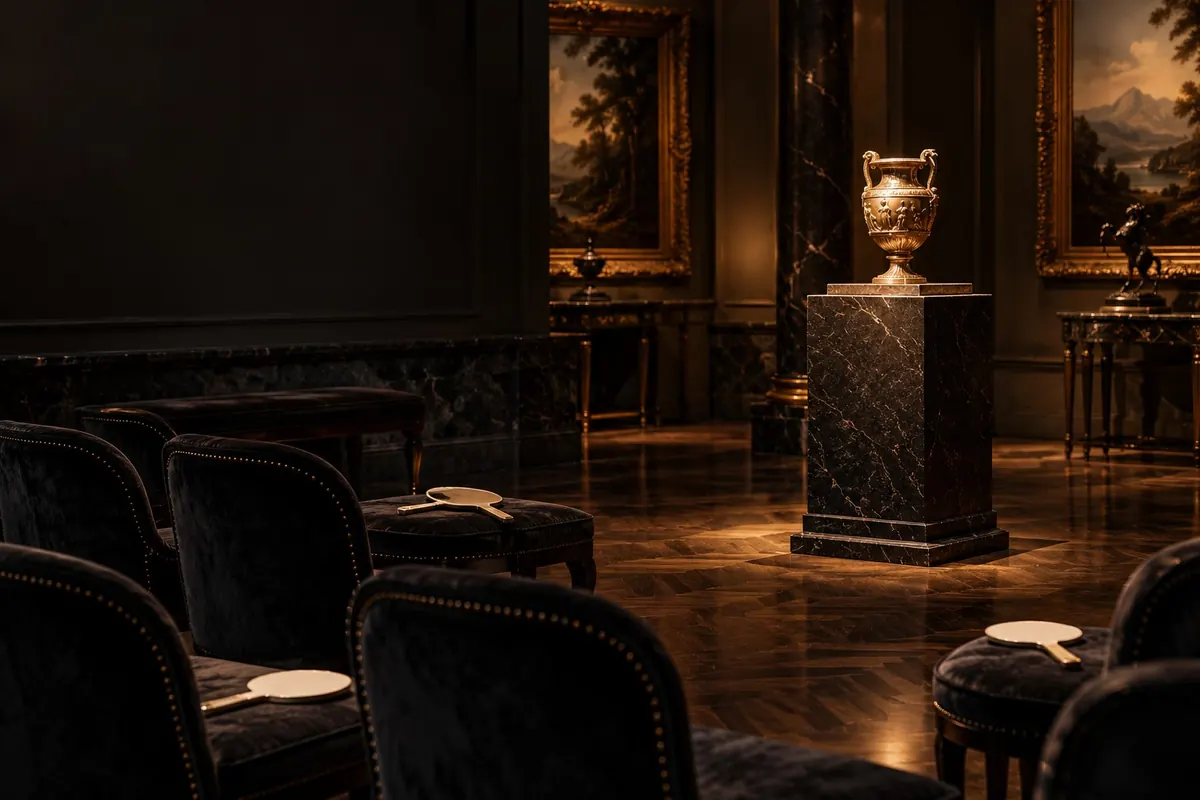 An empty auction room in lamplight, chairs set out before a plinth — offers, prices and when a sale is made