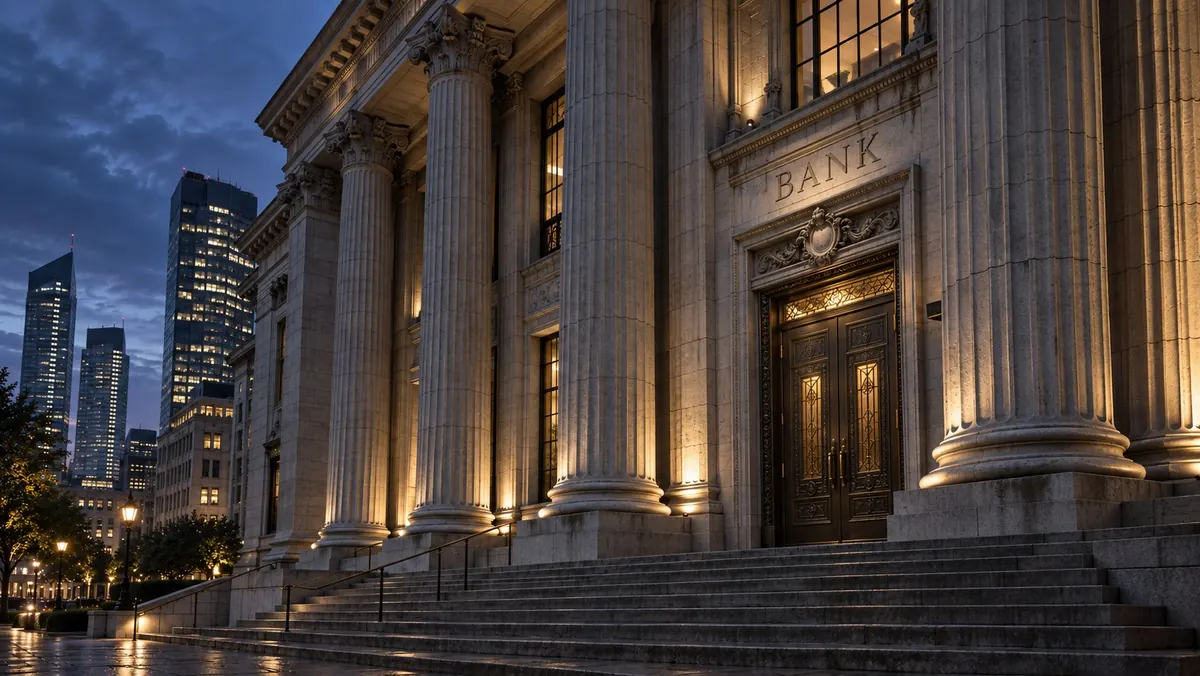 The columned stone entrance of a bank at dusk, Bank carved above its bronze doors — commercial law and business contracts