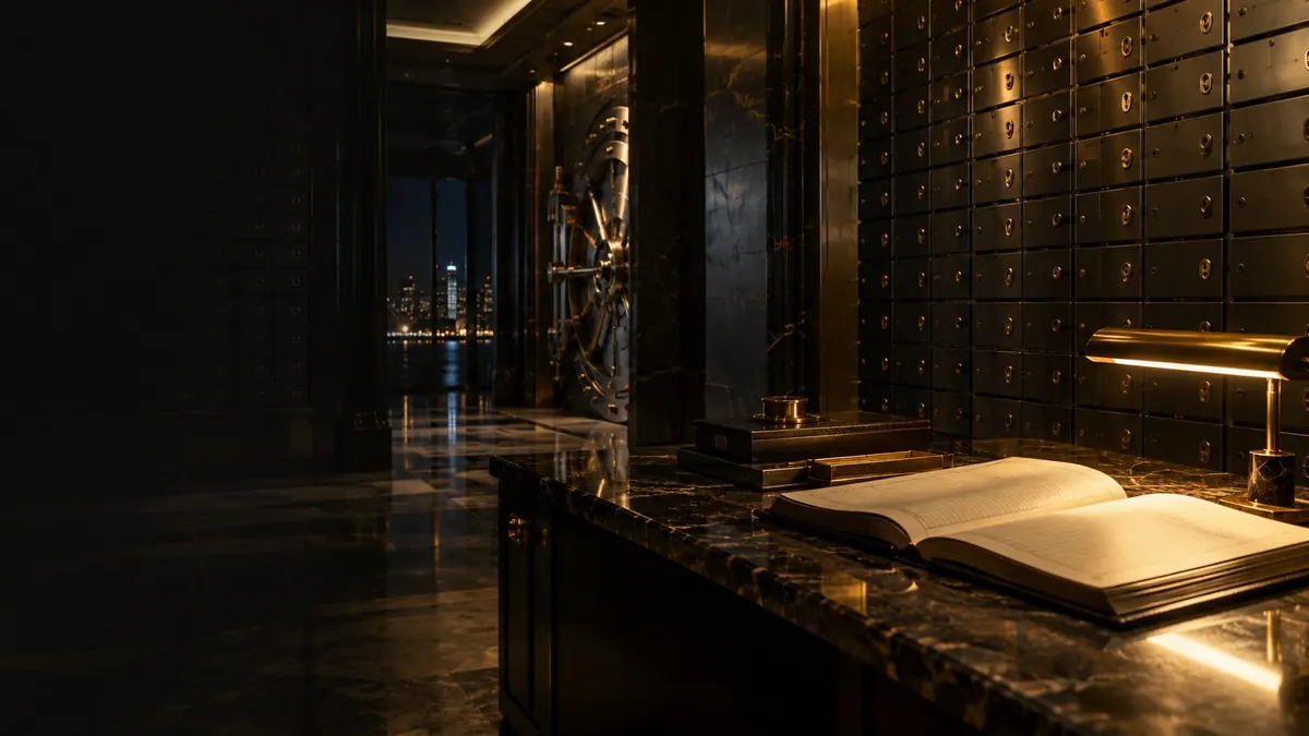 A corridor of safe-deposit boxes, an open ledger on the counter under a lamp — a company that cannot pay its debts
