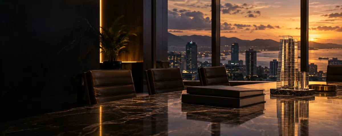 A boardroom table and chairs above a lit harbour city at dusk — the duties of company directors