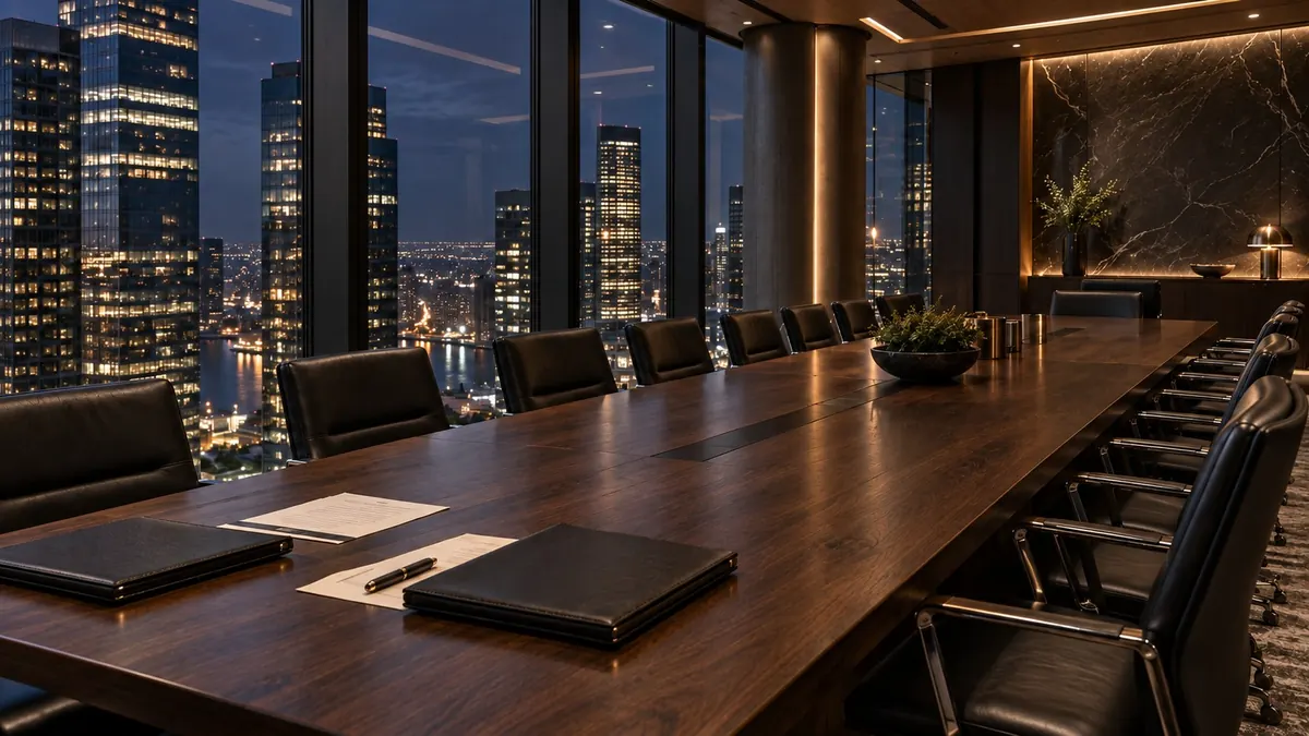 A long boardroom table with leather folders and a pen, lit towers through the glass at night — companies and corporate law