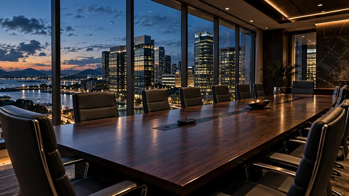 An empty boardroom, a long table and leather chairs, a harbour city lit at dusk through the glass — company and commercial law