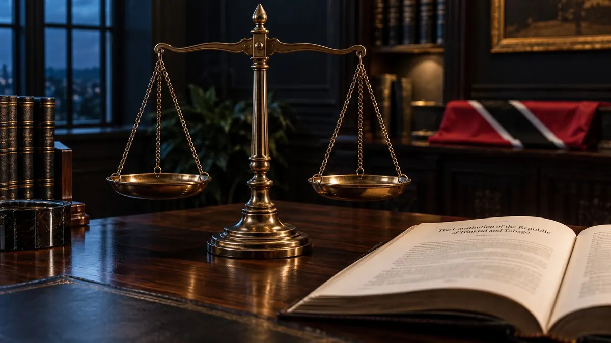 Brass scales beside a book open at the Constitution of the Republic of Trinidad and Tobago, the national flag folded behind — constitutional law
