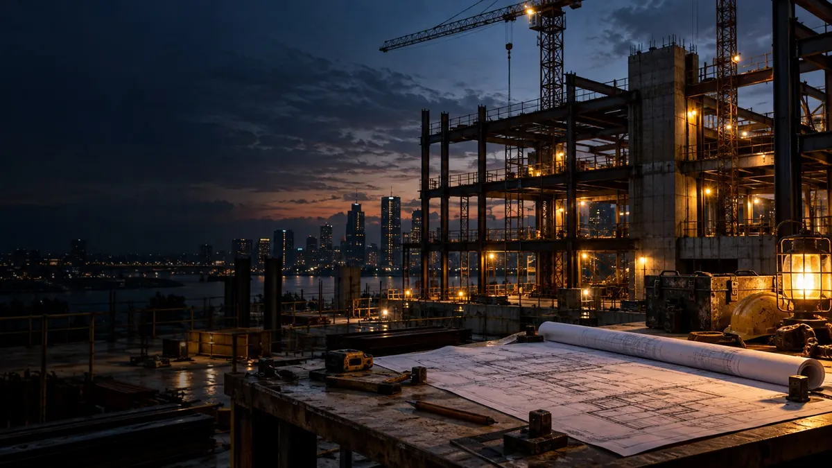 The steel frame of an unfinished building against a dusk sky, a crane above — a contractor who did not finish the job