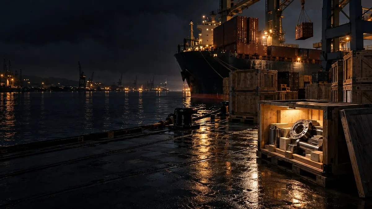Crates and containers on a wet wharf at night beside a moored ship — a buyer's rights when goods are faulty