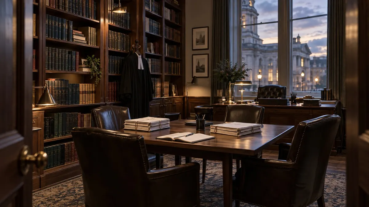 A conference table set with papers in a book-lined room, a robe by the shelves, a domed building lit at dusk beyond — preparing a civil claim