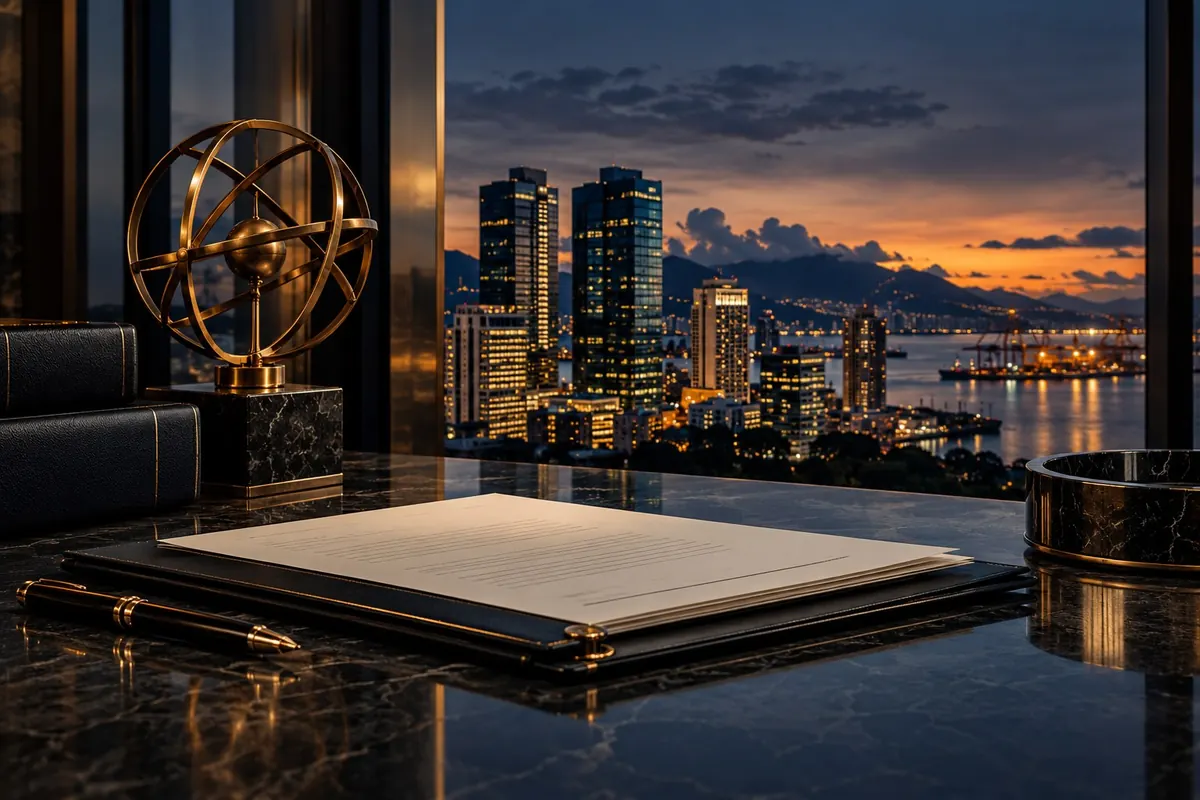 An open ledger and a brass sphere on a dark desk, a harbour city lit at dusk behind — business and company law