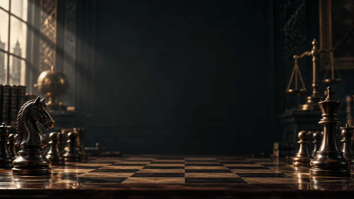 A chessboard in a chambers A chessboard on a chambers floor, a knight and a king facing one another, scales in the shadow behind — legal strategy