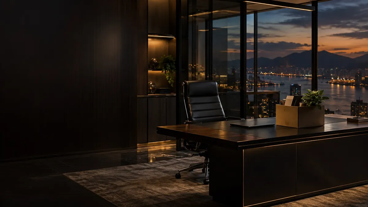 An empty office desk with a packed carton on it, a lit harbour through the glass — retrenchment and severance pay
