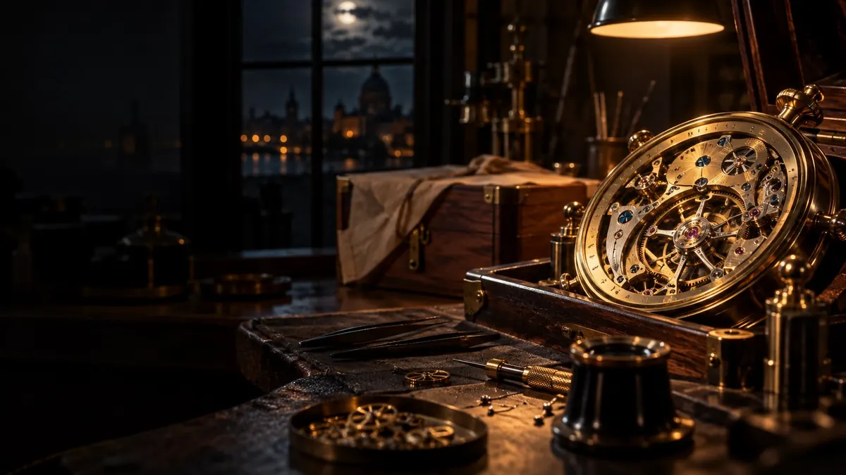 The open movement of a clock on a workbench under a lamp, tools beside it — the time limit to sue for breach of contract