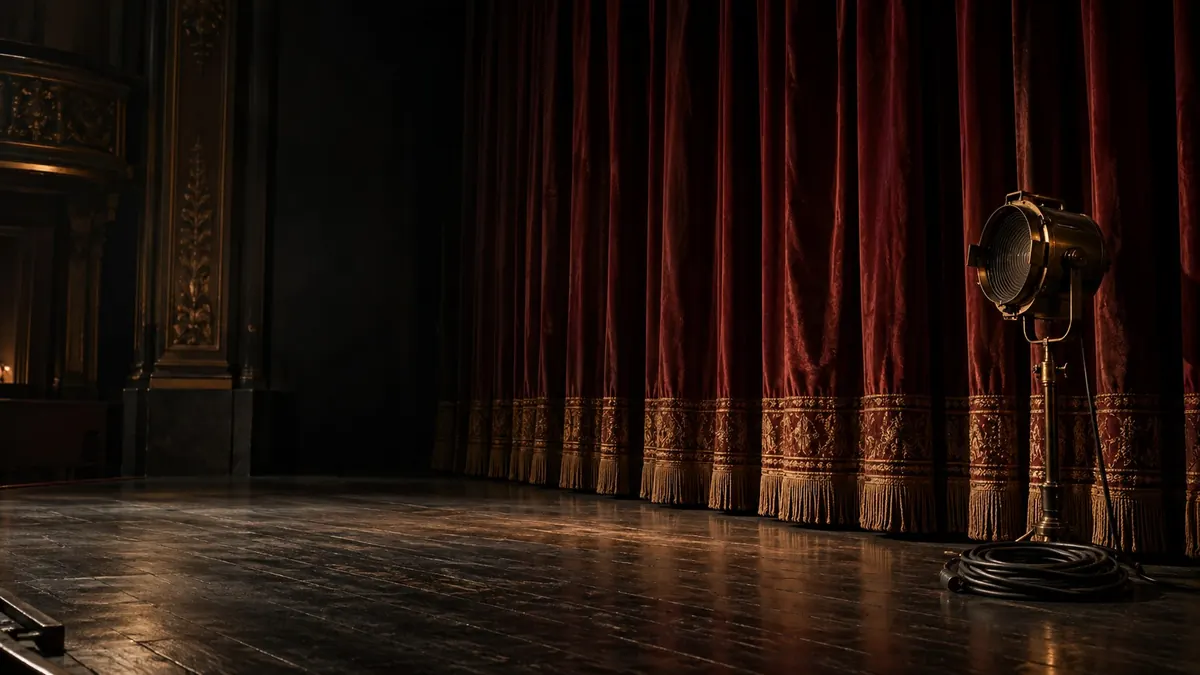 A drawn red curtain on an empty stage, a single lamp before it — cancelling a contract after signing