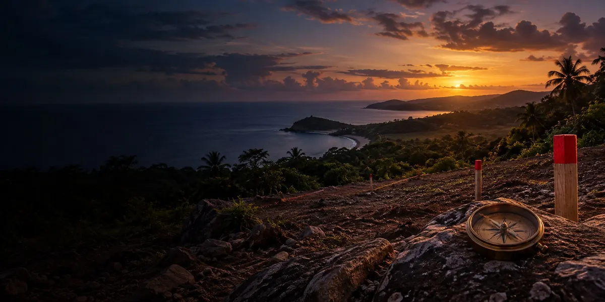 A brass compass and a survey marker on coastal ground at sunset, the sea below — land boundaries and squatters' rights