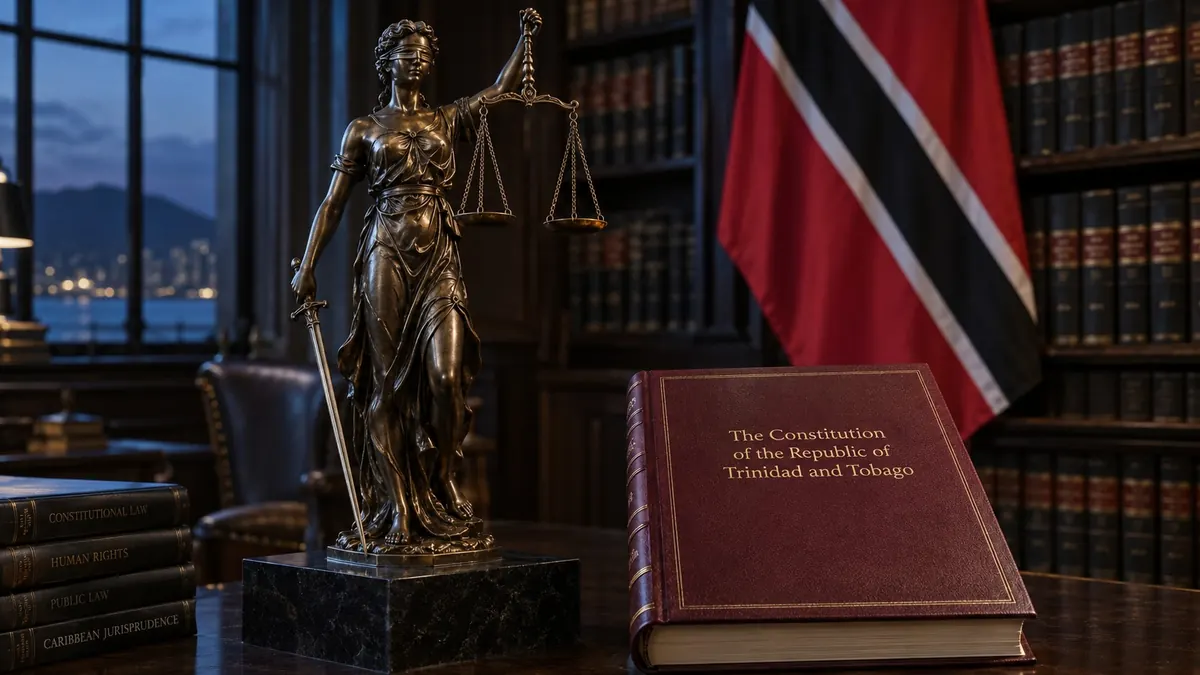 A bound copy of the Constitution of the Republic of Trinidad and Tobago on a desk, a bronze figure of Justice and the national flag behind