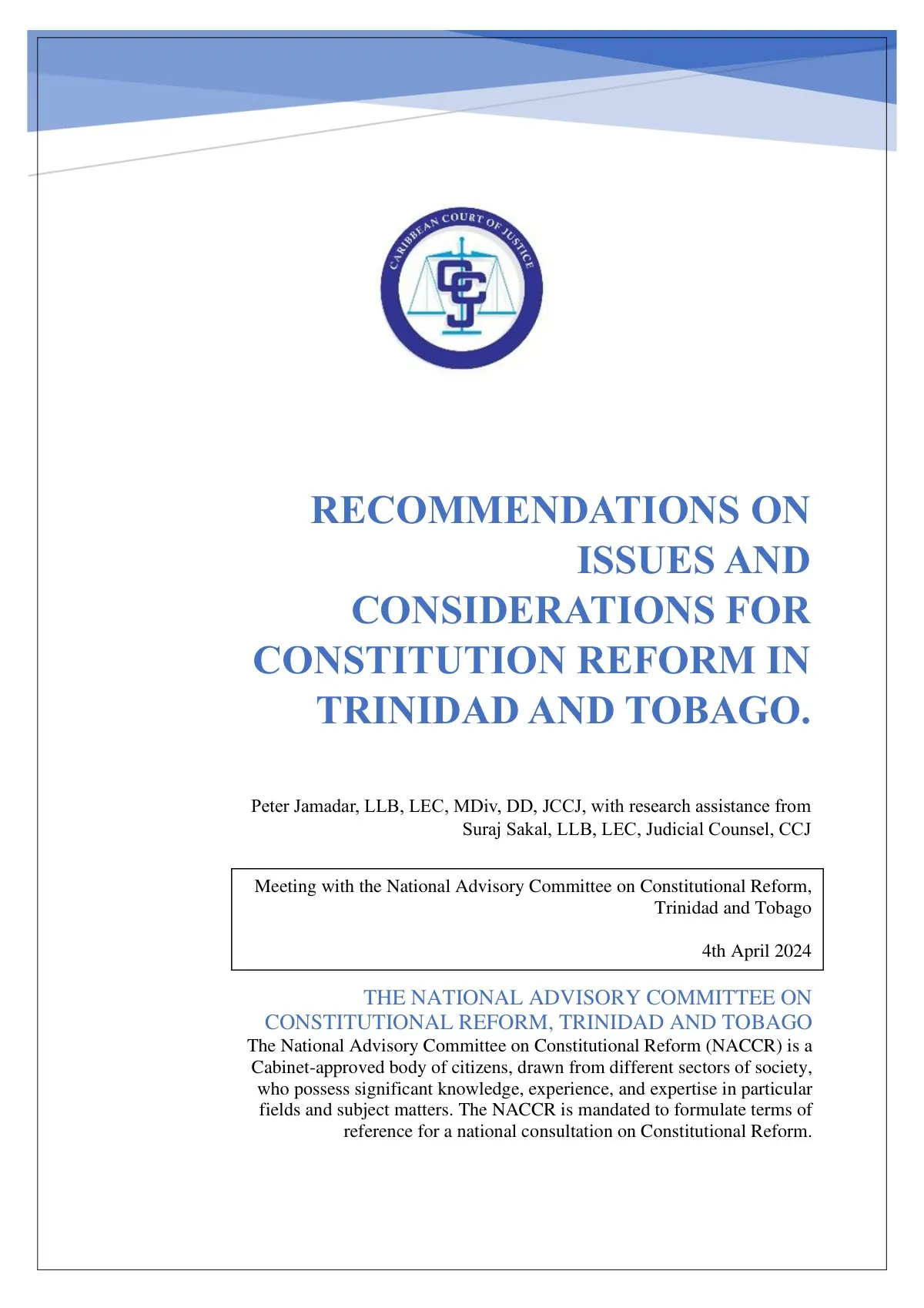 The title page of a paper of recommendations on constitution reform in Trinidad and Tobago, for the National Advisory Committee on Constitutional Reform
