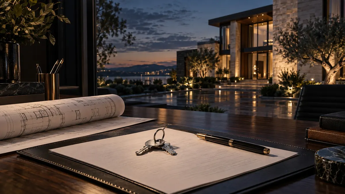 Keys and a pen on a document, rolled house plans beside them and a lit house across the water — buying property and conveyancing