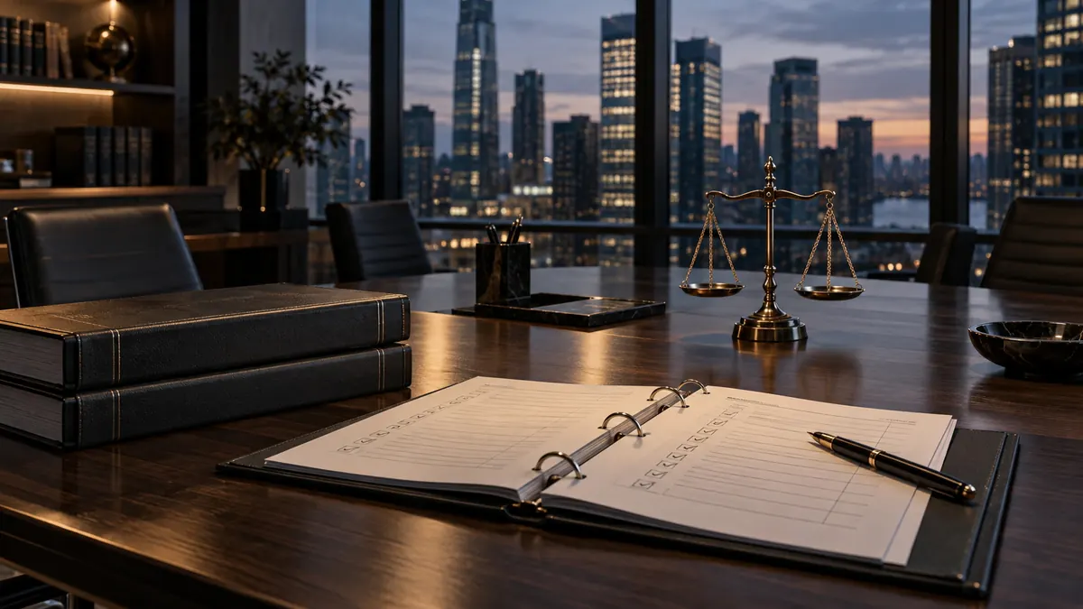 A binder of compliance checklists open on a boardroom table, bound minute books and brass scales beside it — corporate compliance