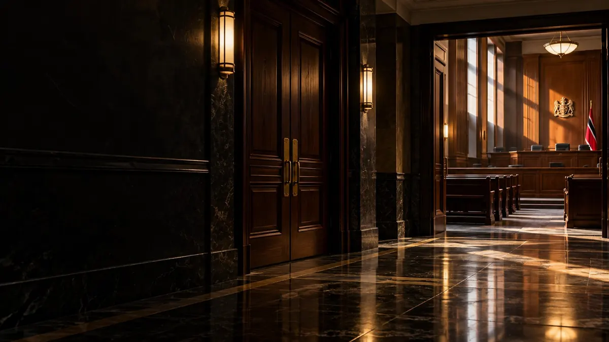 A panelled courthouse corridor leading to an open courtroom door — removing a criminal conviction