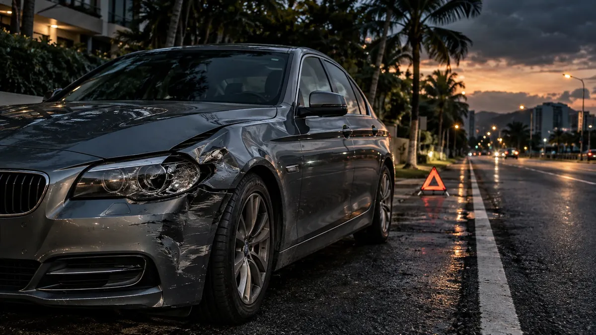 A car with a crumpled front wing at the side of a wet road at dusk, a warning triangle behind it — road accident claims