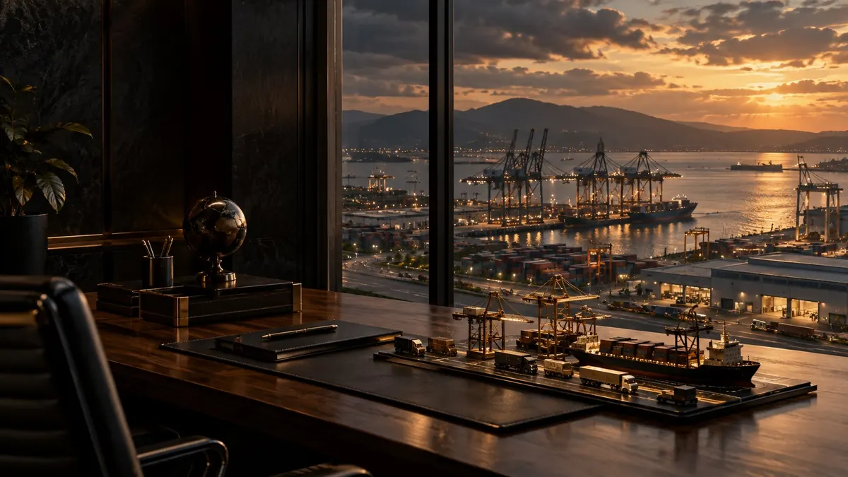 A desk and globe above a working container port at sunset — business contracts and trade