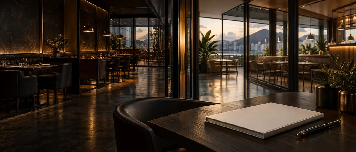 The empty dining room of a restaurant at dusk, tables laid and the coast beyond — a company's annual filings