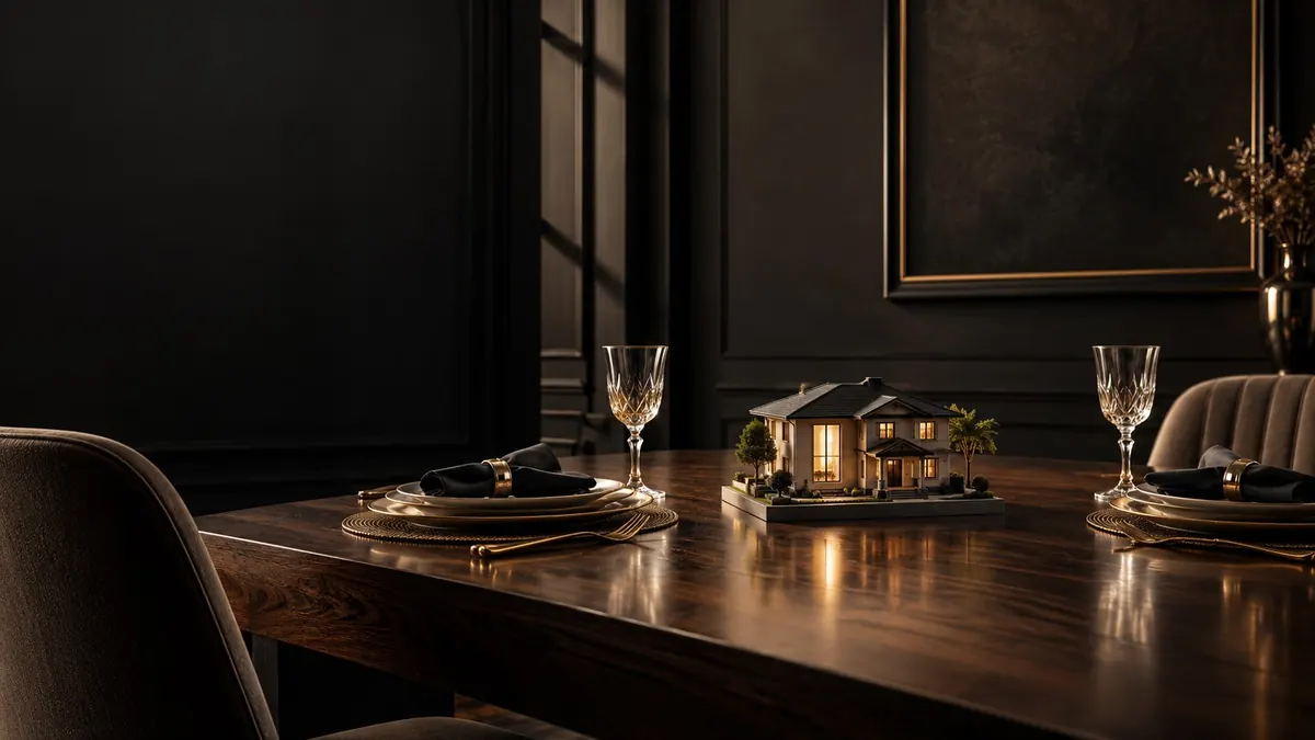 A laid dining table with glasses and a small house model — divorce and the family home