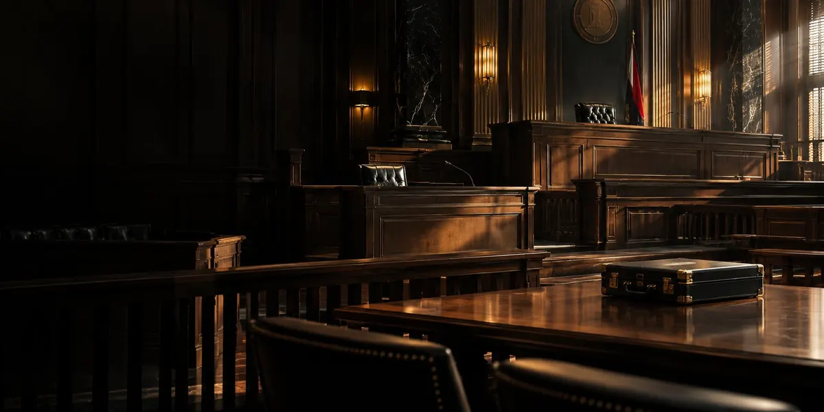 An empty panelled courtroom in low light, a closed case on the table before the bench — your rights when arrested