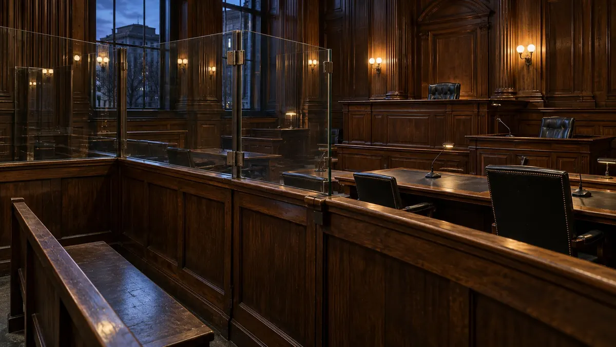 The panelled benches and rail of an empty courtroom in daylight — civil claims and small claims