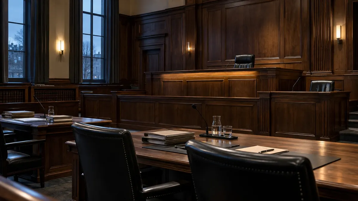 An empty panelled courtroom seen from counsel's table, papers and a carafe of water set out, the bench beyond — bringing a civil claim