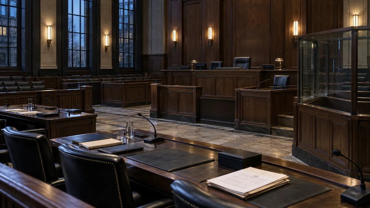 An empty panelled courtroom seen from counsel's table, the bench ahead and a glass-sided dock to the right — a criminal trial