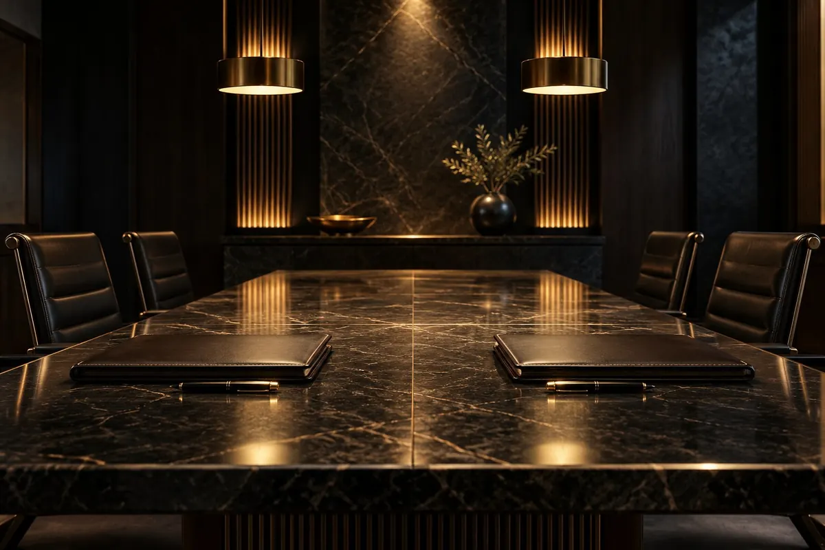 A long table and leather chairs in an empty negotiation room — whether agreements between family and friends are binding