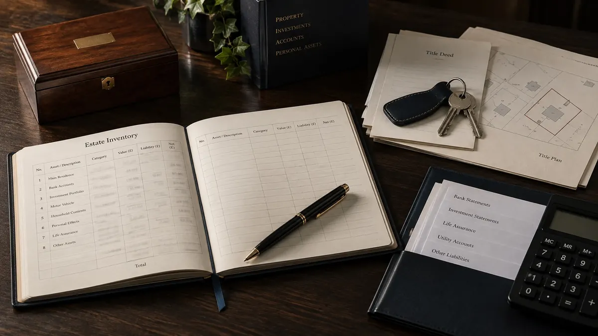 A ledger open at a page headed Estate Inventory, with a title deed, keys and a site plan around it — administering an estate