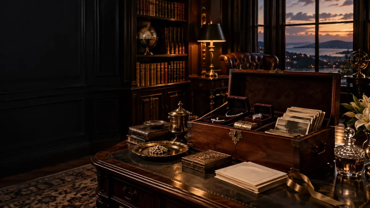 A lamplit study desk of papers, a ledger and small heirlooms — letters of administration