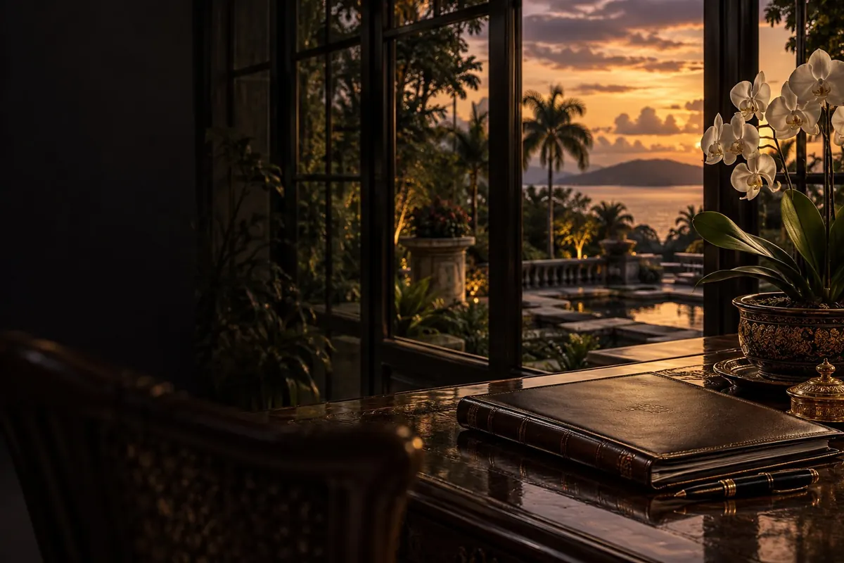 A closed folder on a terrace table at dusk, orchids and a lit garden beyond — dying without a will