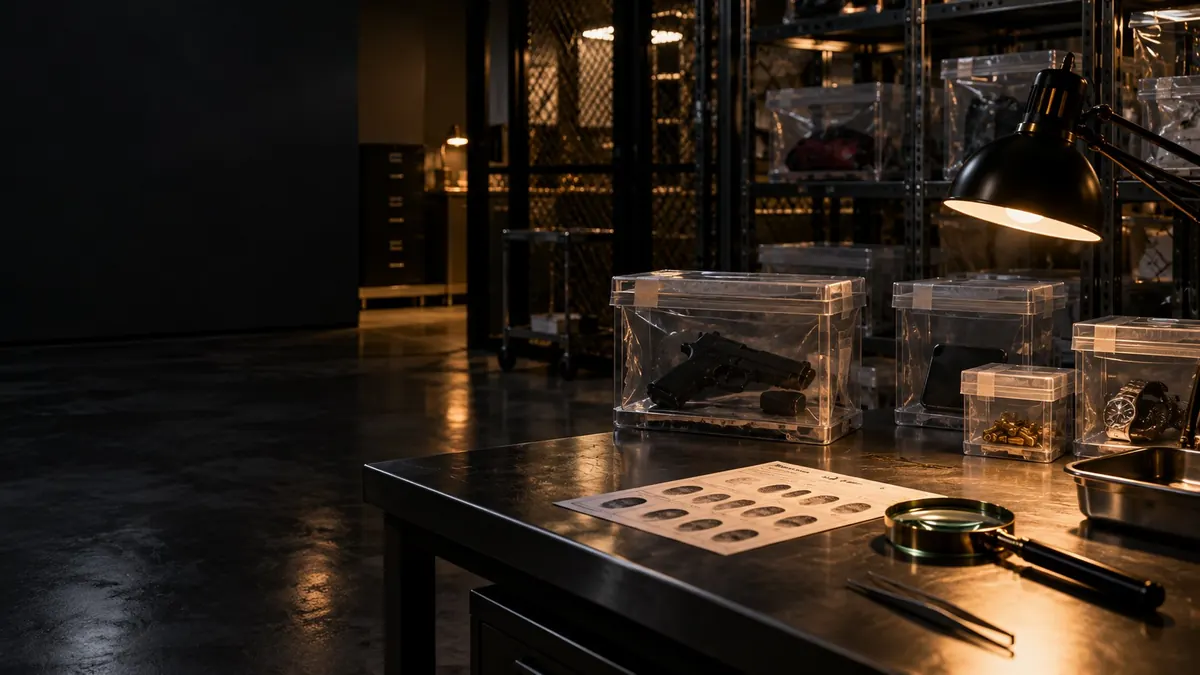 Sealed evidence bags and a set of scales on a bench under a single lamp — marijuana and the drug laws