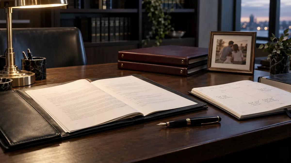 An open folder and a diary on a desk, a fountain pen between them, a framed photograph of two parents and a child behind — family law
