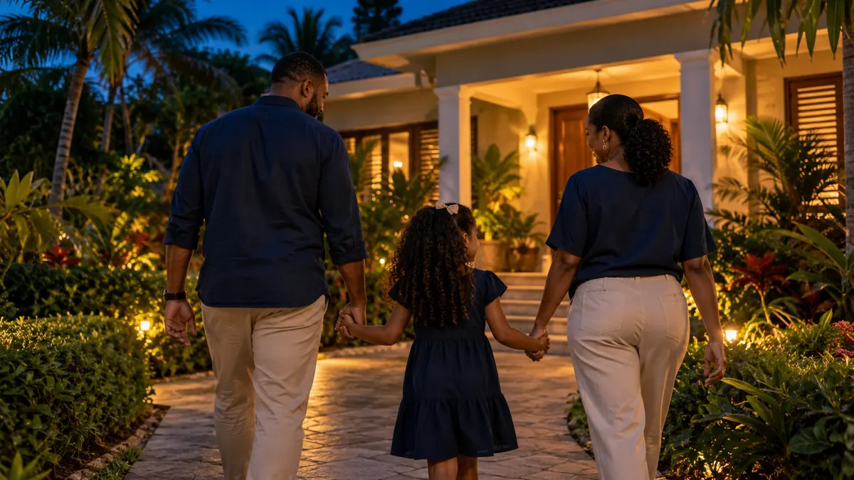 Two adults and a child walking hand in hand towards a lit house at dusk — family law questions