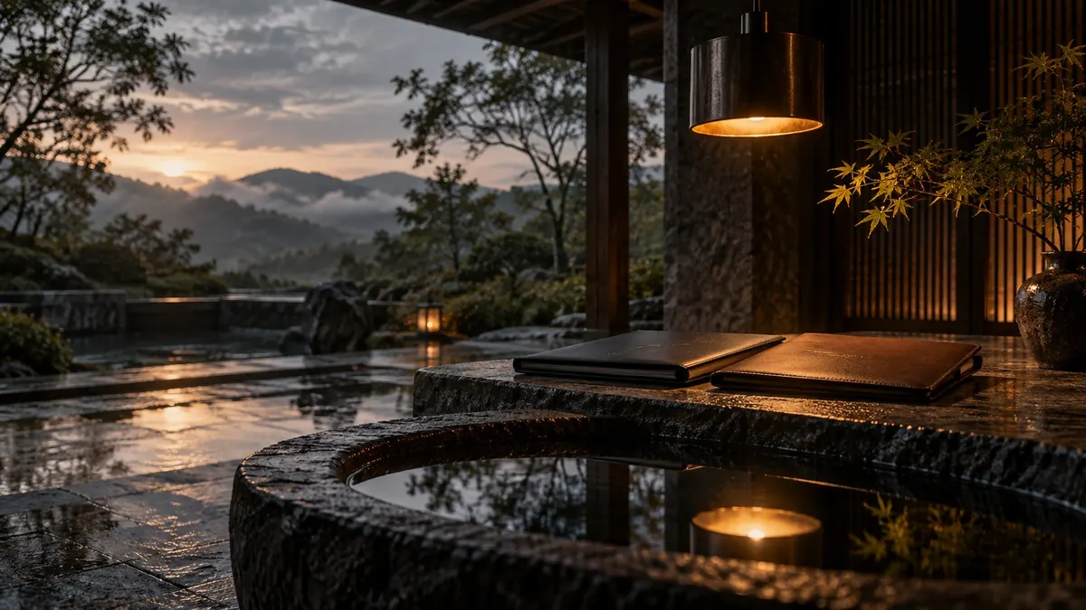 A stone pavilion above still water at dusk, a folder closed on the table — changing a contract after signing