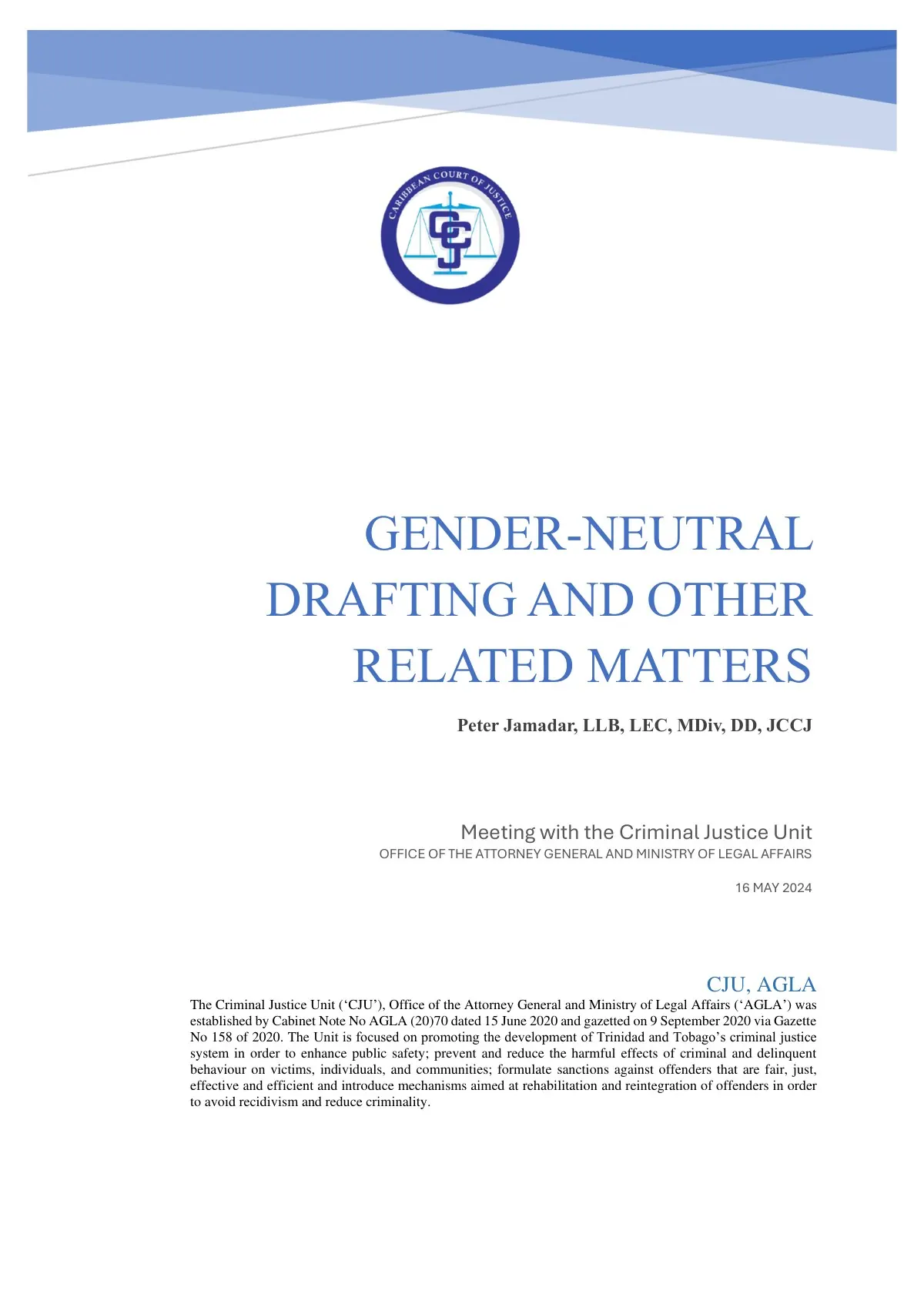 The title page of a paper on gender-neutral drafting, delivered to the Criminal Justice Unit of the Office of the Attorney General