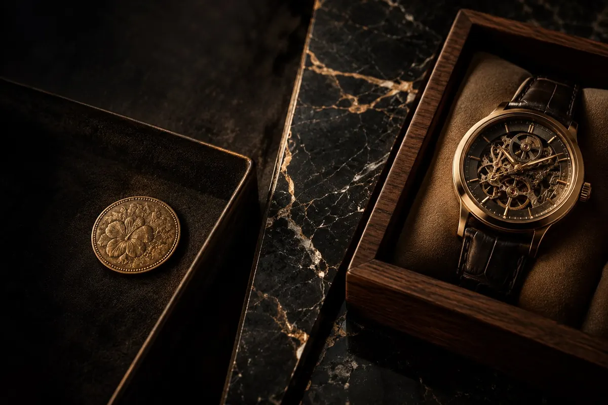 A gold coin beside a wristwatch in a wooden case on dark marble — money, value and what a contract exchanges