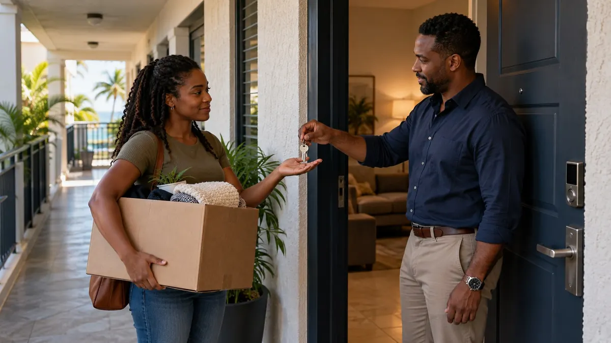 A woman holding a carton at an open front door, taking a key from the man in the doorway — landlords and tenants