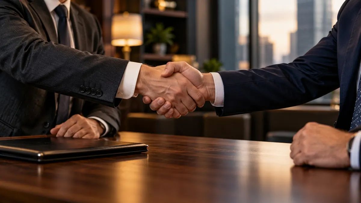 Two people in suits shaking hands across a polished table, a closed folder between them — contract law