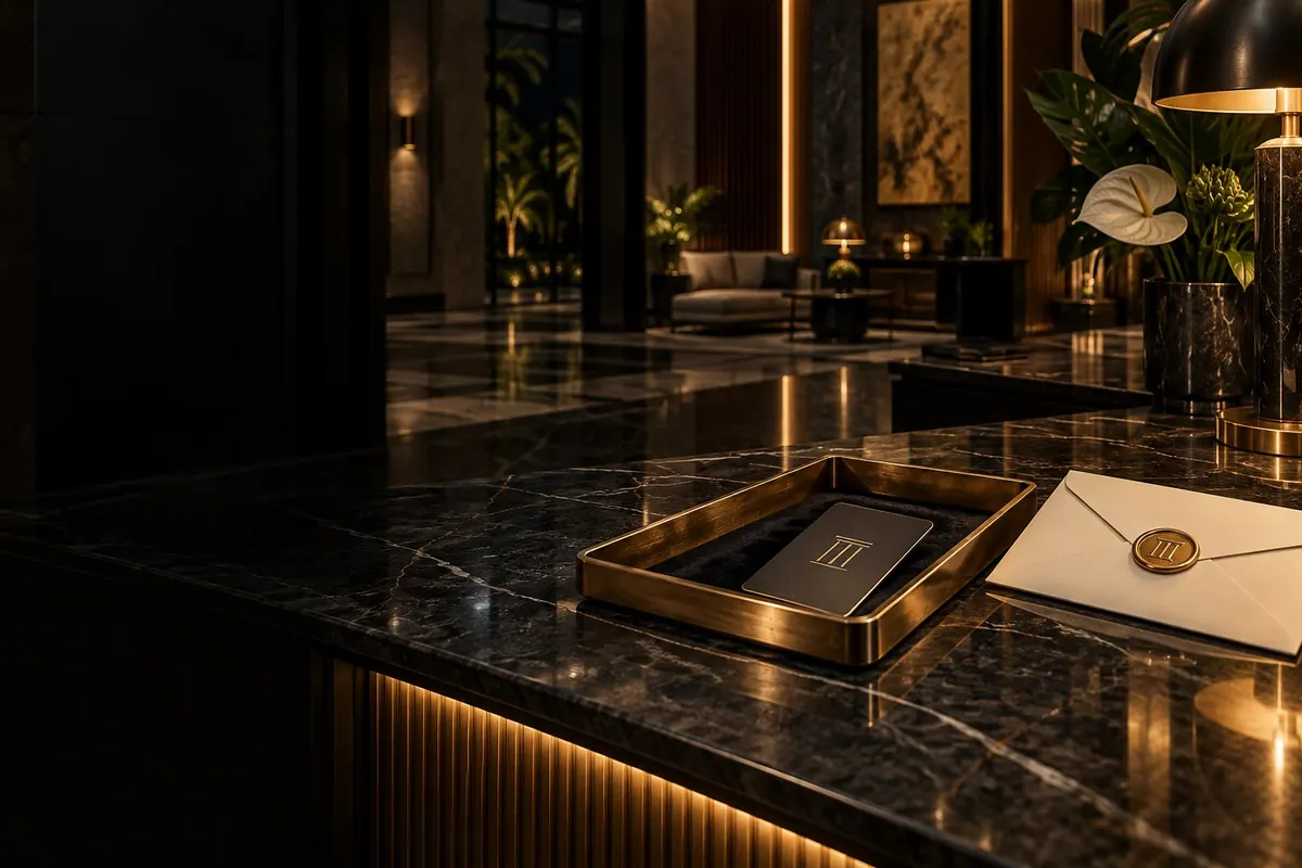 A hotel reception desk at night with an open ledger and a sealed envelope — whether a verbal agreement is binding