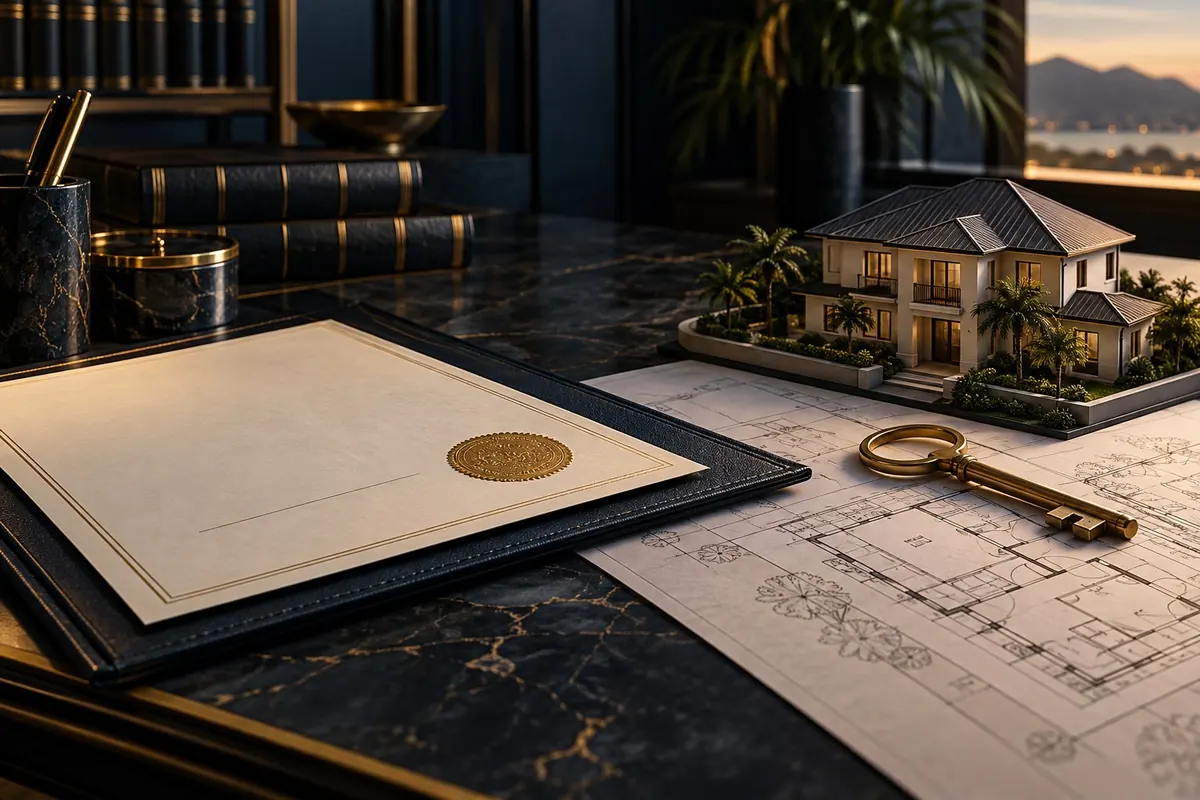 A model house and a folded floor plan with a brass key, a sealed deed and bound volumes — property and conveyancing