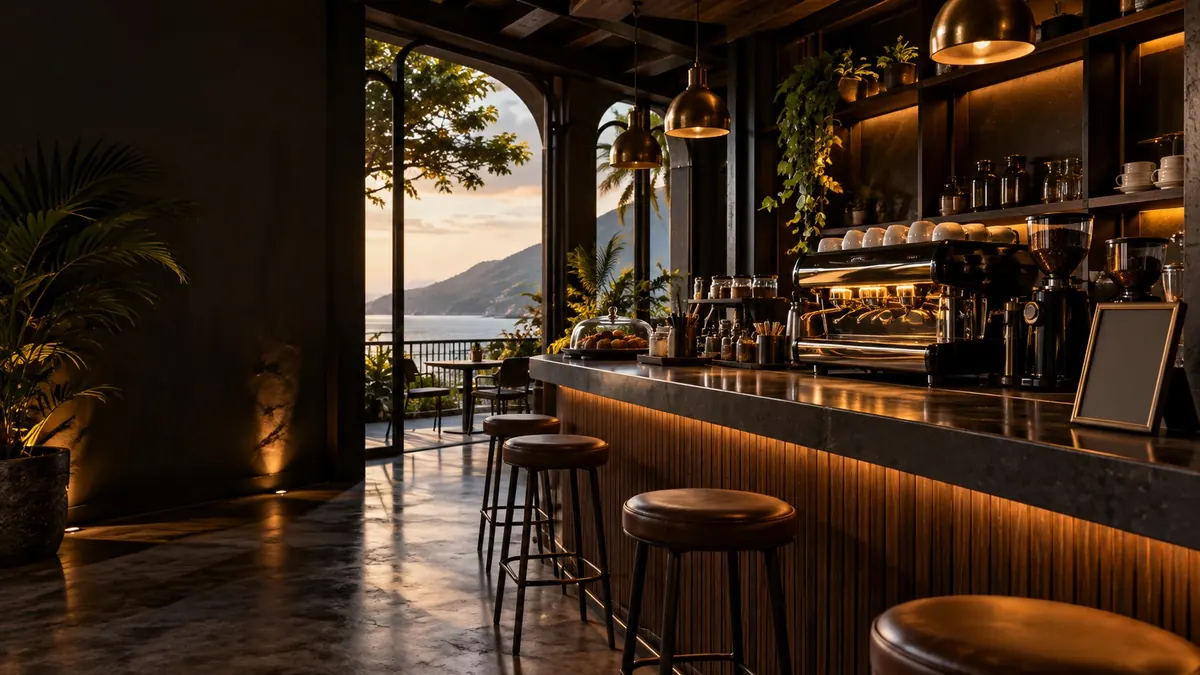 The bar and stools of a small independent cafe at dusk, the sea beyond — closing a business