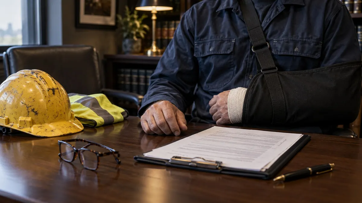 A man in work clothes with one arm in a sling, seated at a desk, a hard hat and a high-visibility vest beside it — workplace injury claims