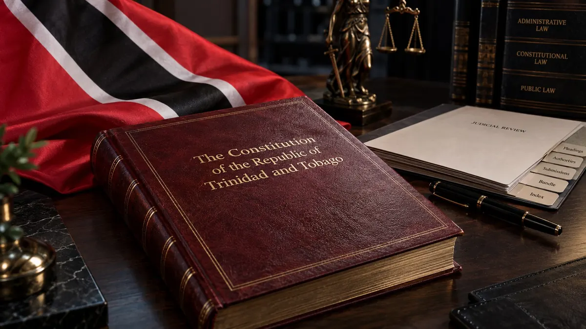 A copy of the Constitution of the Republic of Trinidad and Tobago beside a tabbed bundle marked Judicial Review, the national flag behind